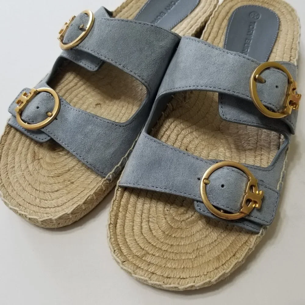 NWOB Tory‎ Burch Selby Two-Band Espadrille Slide Sandal in Blue Calla